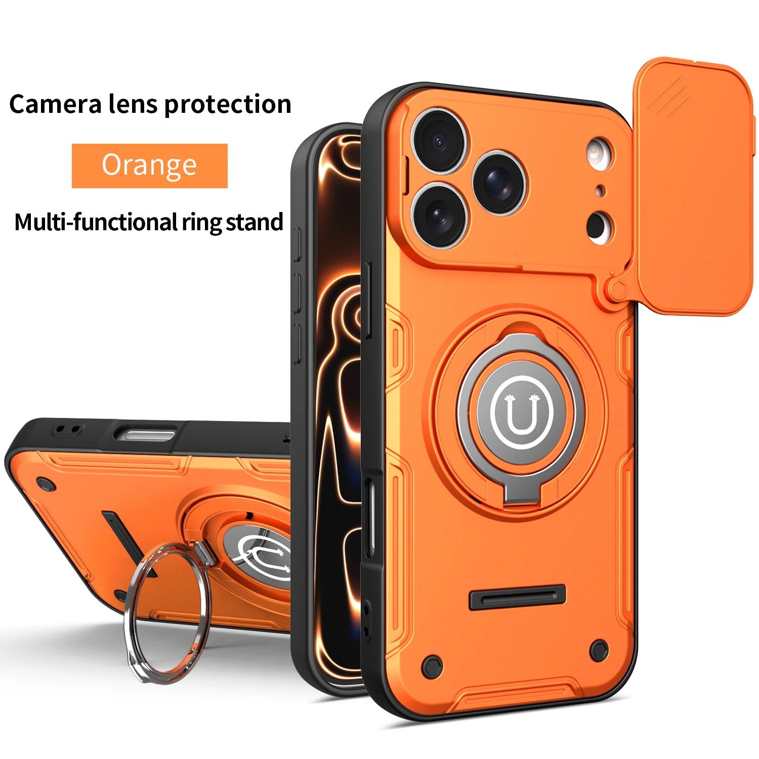 Shockproof Armor Ring Stand Phone Case with Power Slide Camera Lens Protection