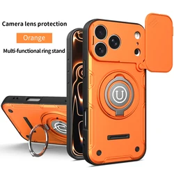 Shockproof Armor Ring Stand Phone Case with Power Slide Camera Lens Protection - iPhone 17 Pro (Orange)