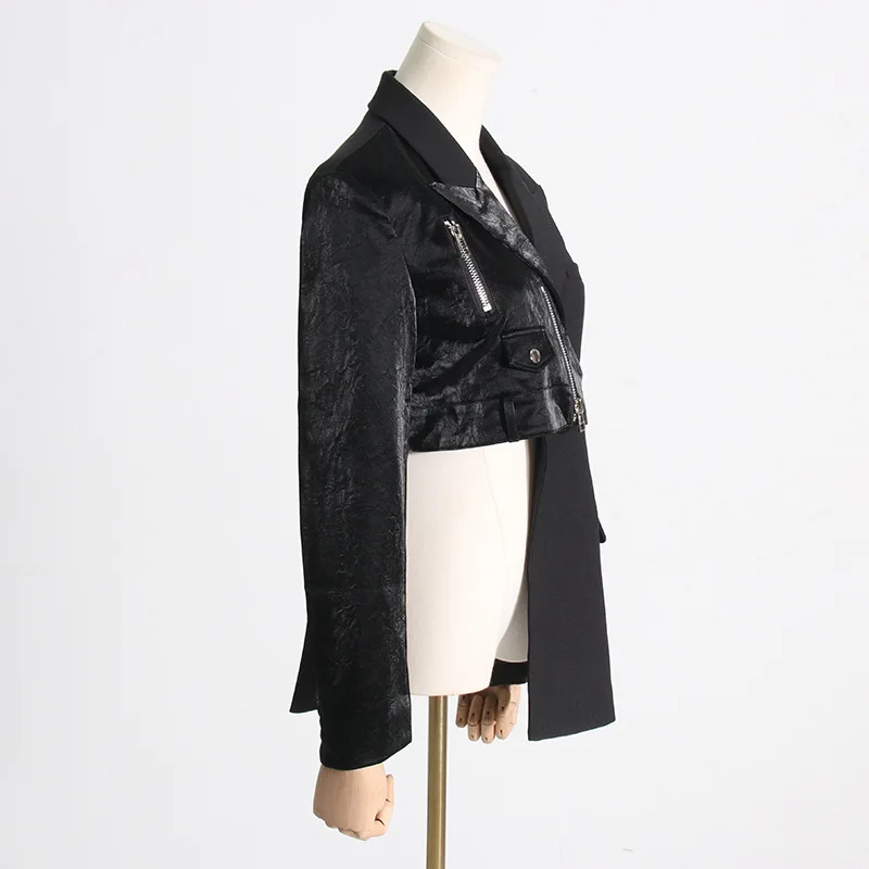 Streetwear Woman Black Irregular Suit Jacket 2024 Spring New Motorcycle Women's Zipper Tight Waist Thin Blazer Coats Ropa Mujer