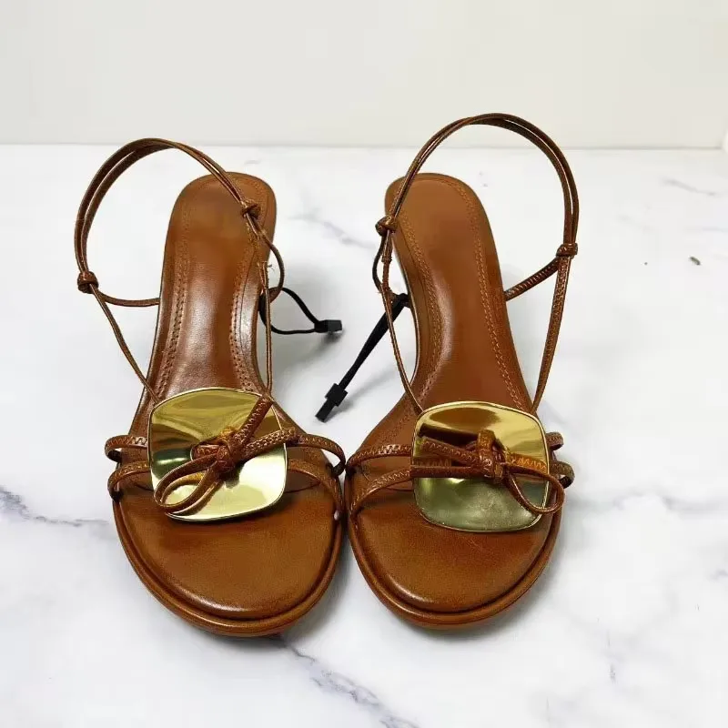 Women Slingback Sandals Women High Heels Shoes Women Dress Shoes TRAF Woman Brown Heel Sandals Chic Metal Disc Heels Sandals Round Toe Peep Toe Slingbacks Female Strap Buckle Heels Shoe
