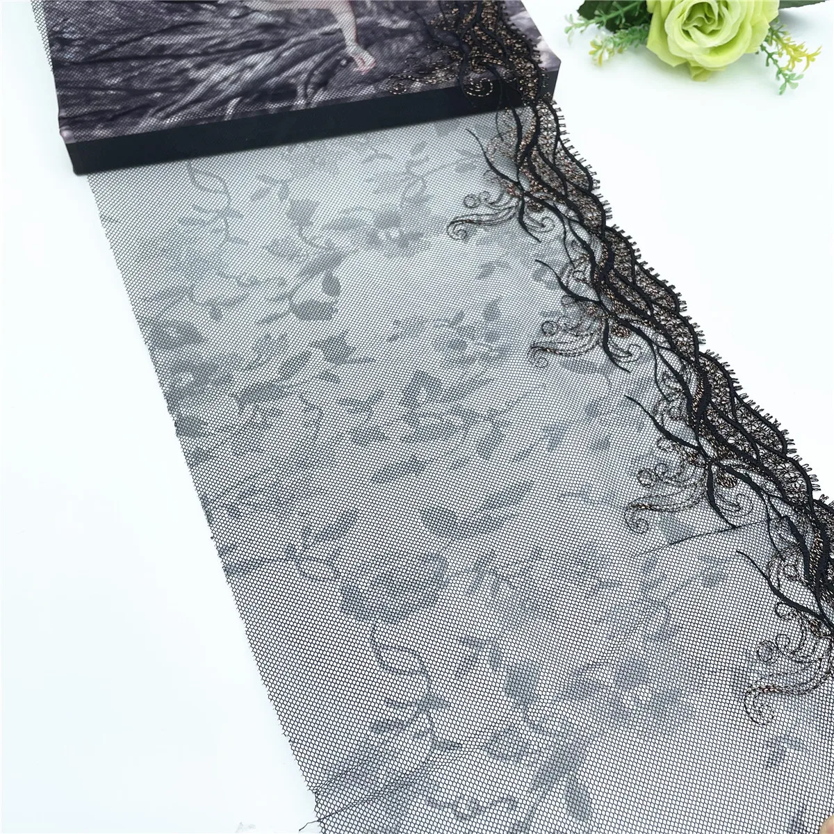 Width 24cm Black Shimmer 1 End Embroidery Lace Trim 1