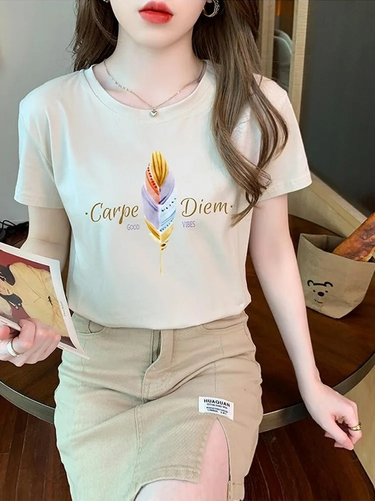 Tuangbiang Estate 2023 New Gradient Feather Letter Printing T-Shirt In Cotone Albicocca Maglietta Casual Da Donna A Maniche Corte Top Femminili