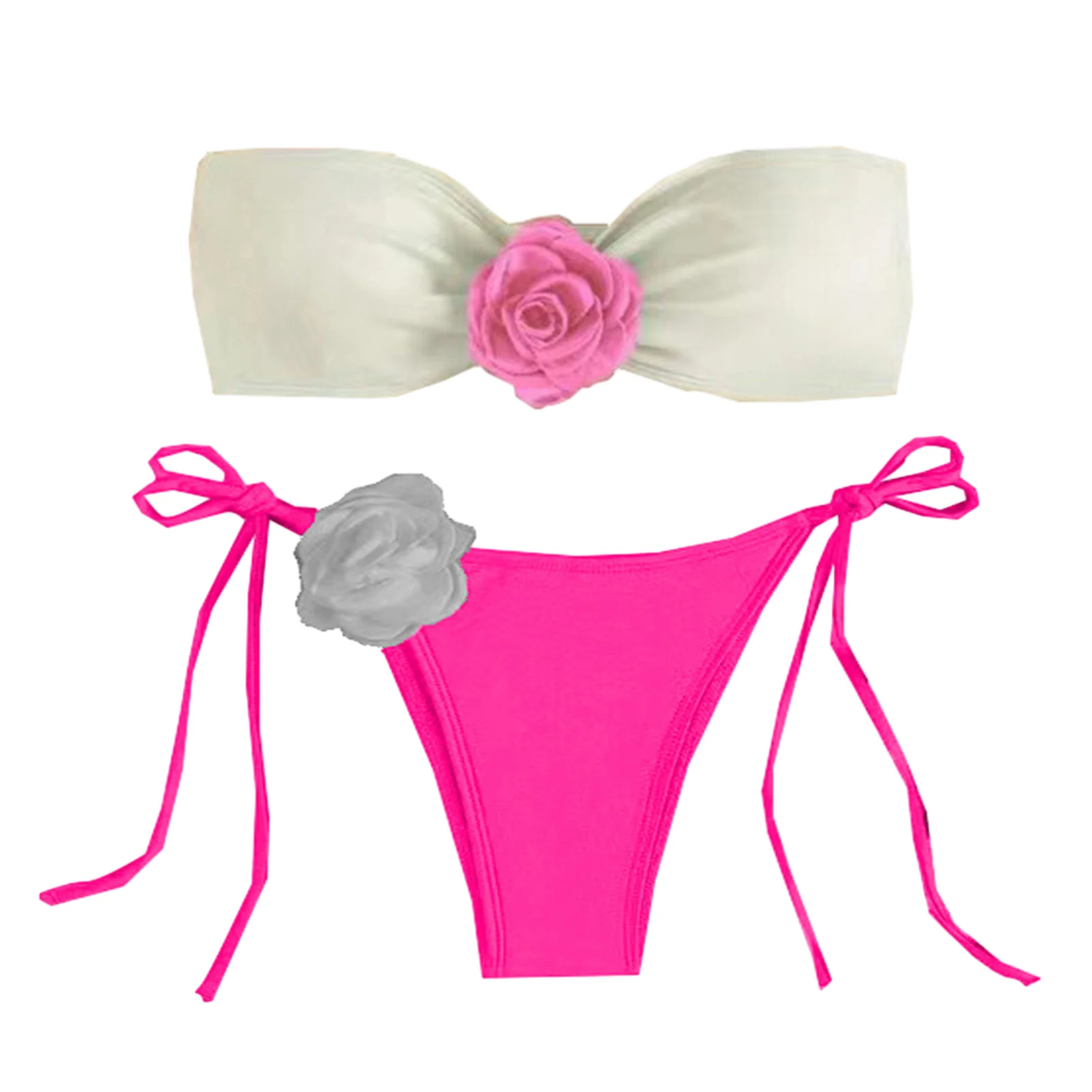Bikini A 2 Pezzi Da Donna Set Bikini A Fascia Con Fiori 3D Costume Da Bagno Bikini A Triangolo Laterale Per Ragazze Adolescenti Da Donna Estive