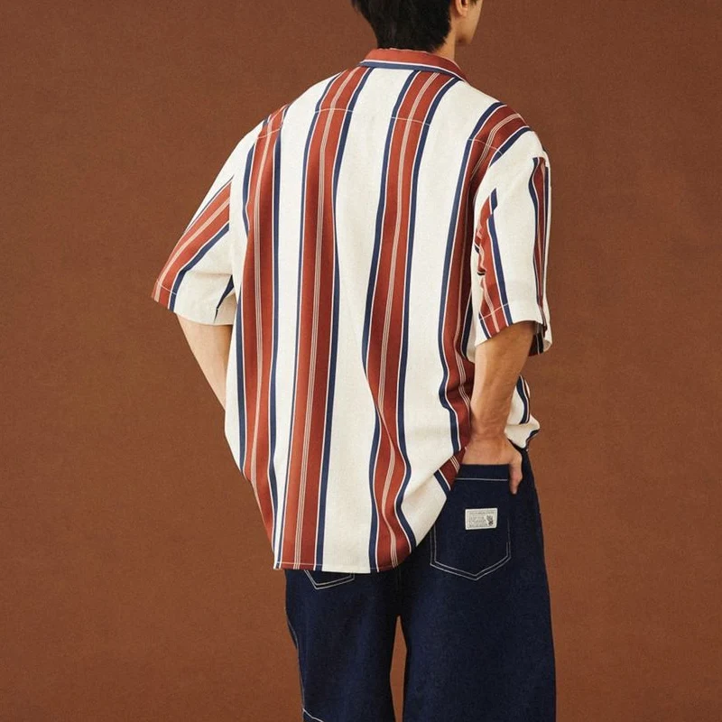Summer New Turn-down Collar Fashion Short Sleeve Shirt Man High Street Casual Button Cardigan Striped Pockets Patchwork Tops