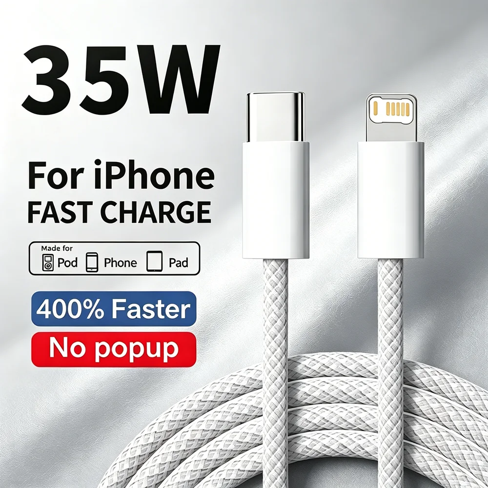 PD 35 Braided Wire Fast Charge Cable For iPhone 11 12 13 Mini 14 Pro X XR XS Max 7 8 Plus Rapid Charging USB-C Data Cable 1m 2m
