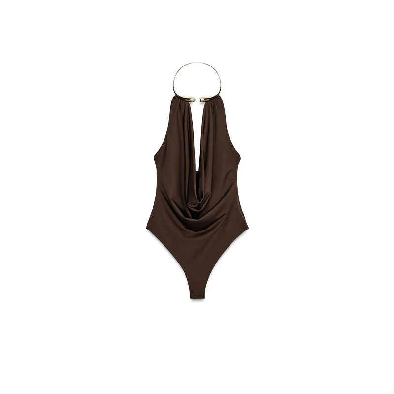 Sexy Bodys für Frauen, Wasserfallausschnitt, ärmellose Ketten, rückenfreie Tops, kurze Hosen, 2025, Sommermode, weibliche solide Strand-Outfits – Detail 4