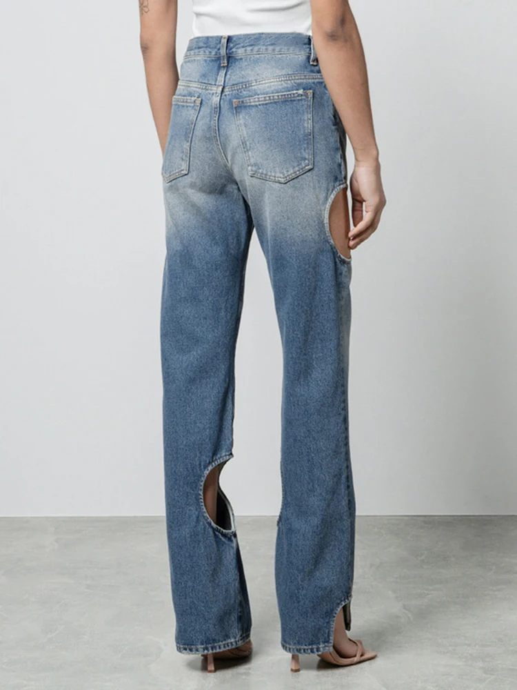 TWOTWINSTYLE Solid Streetwear Hollow Out Denim Pant For Women High Waist Patchwork Zipper Designer Wide Leg Pants Female Style