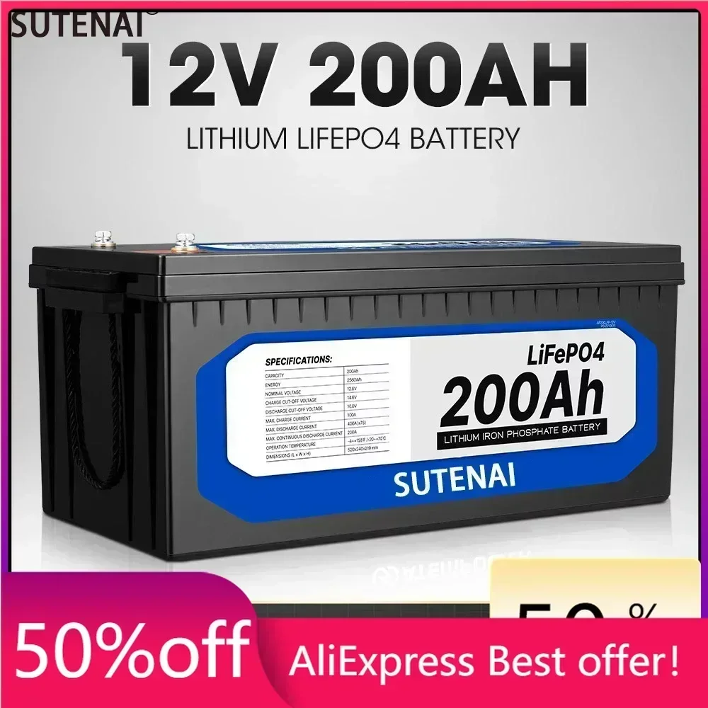 

12V 200Ah LiFePO4 Battery Built-in BMS Lithium Iron Phosphate Cell For RV Campers Golf Cart Off-Road Off-Grid Solar With Charger