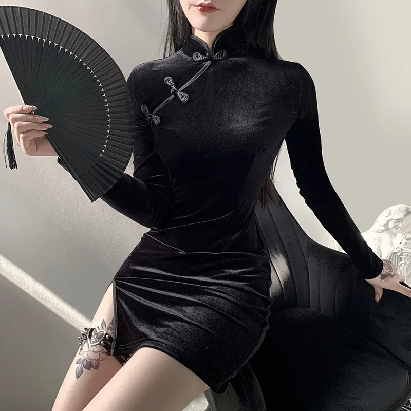 Emo Clothes Cheongsam Girl Retro Version Of The Long Sleeve Dress