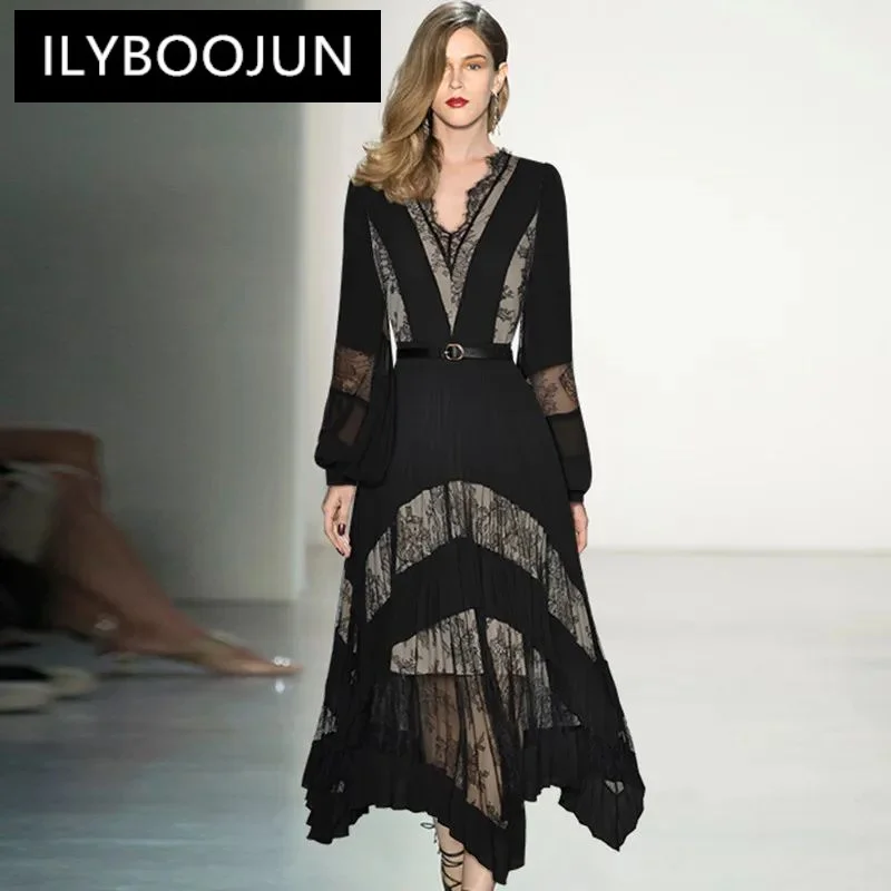 

ILYBOOJUN Fashion Designer Black Vintage Spliced Dress Women V Neck Long Sleeve Lace Sashes Gathered Waist Slim Long Dress