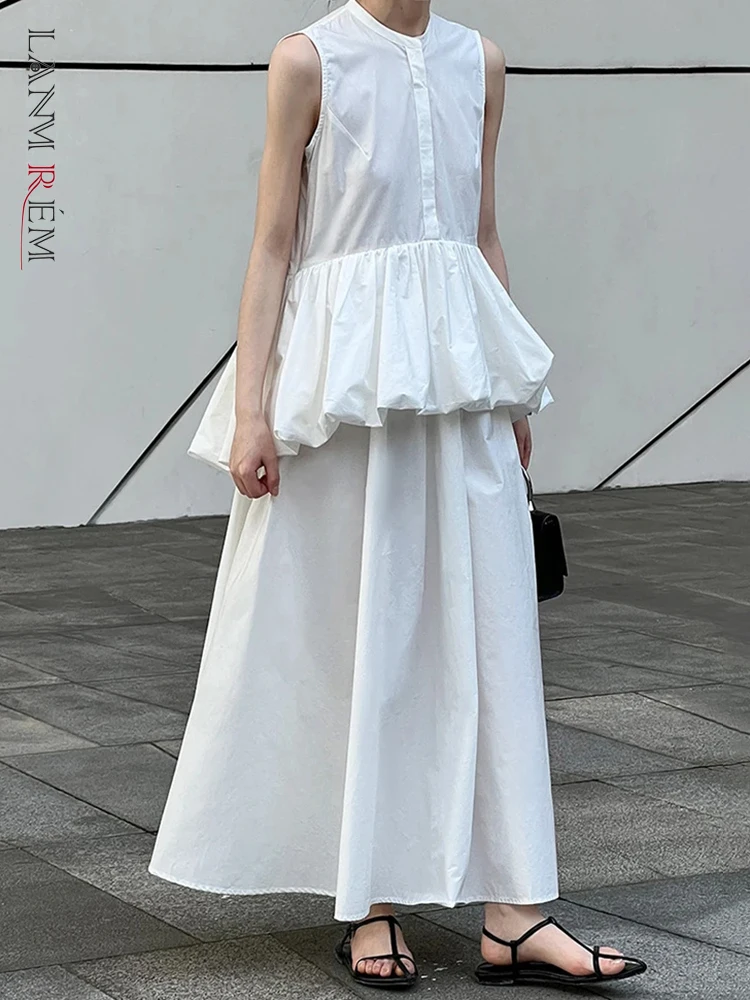 

[LANMREM] Ruffled Flower Design Dress For Women Solid O-neck Spliced Office Office High Waist Dresses 2024 Summer New 26D9318