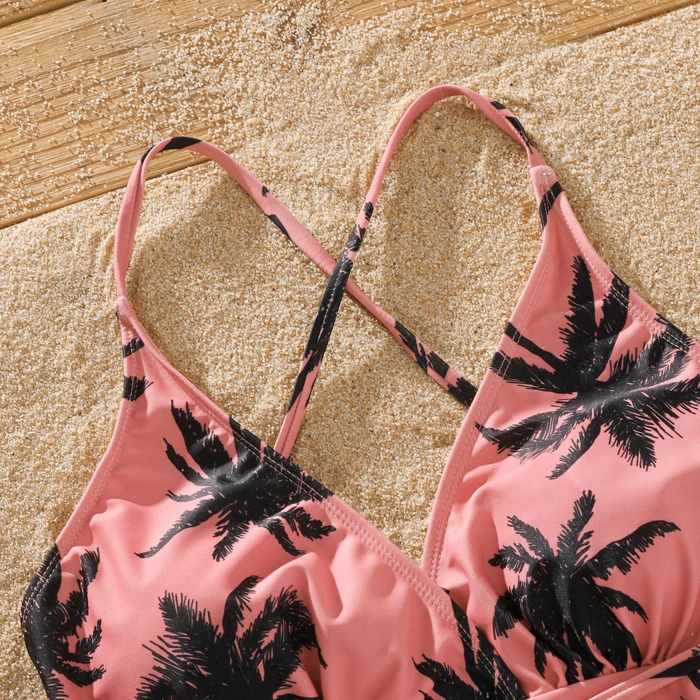 PatPat Family Matching Swimsuit All Over Coconut Tree Print Pink Swim Trunks Shorts and Spaghetti Strap One-Piece Swimsuit 3