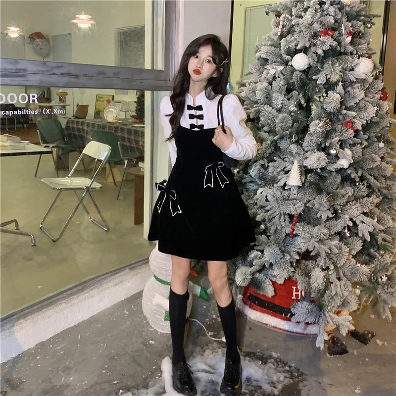 

Christmas Black Dress Sets Women Fashion Bow Sleeveless Velvet Dresses + Long Sleeve Shirts Two Piece Suits for Birthday