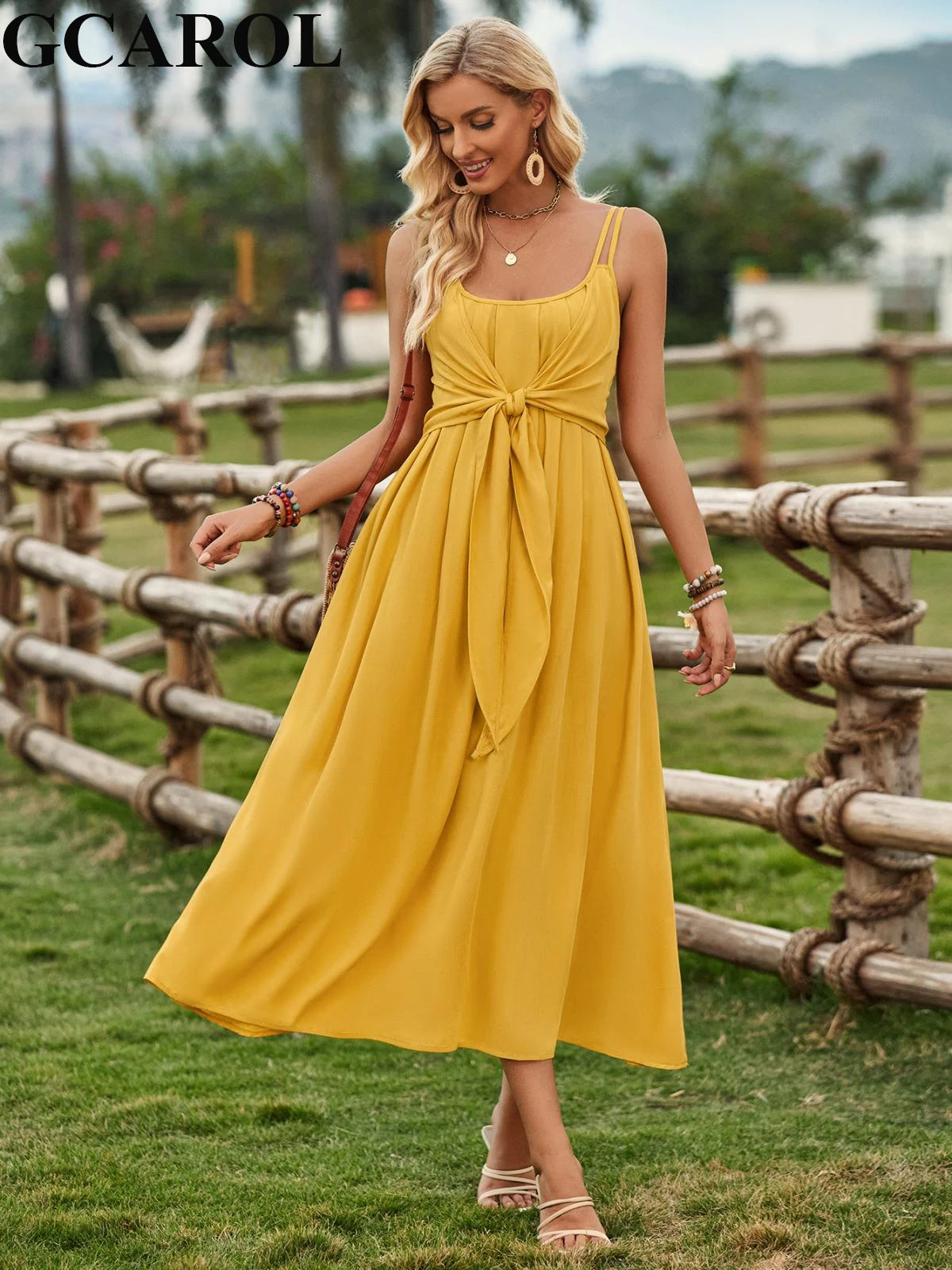 

GCAROL Women Spaghetti Strap Long Dress High Elastic Waist Elegant Fashion Prairie Chic Big Hem Camisole Dress Multi-occassian
