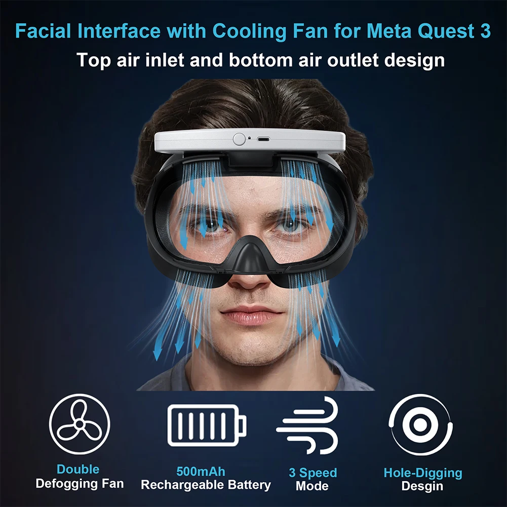 Cooling Fan with Facial Interface Face Cover Relieve Lens Fogging Facial Ventilation Fan 3 Speeds for Meta Quest 3 Accessories