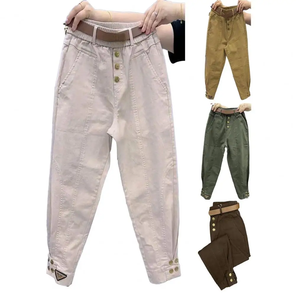 

Versatile Women Pants Thick Warm Women's Harem Pants Elastic Waistband Belt Pockets Cargo Trousers Solid Color Women Pants