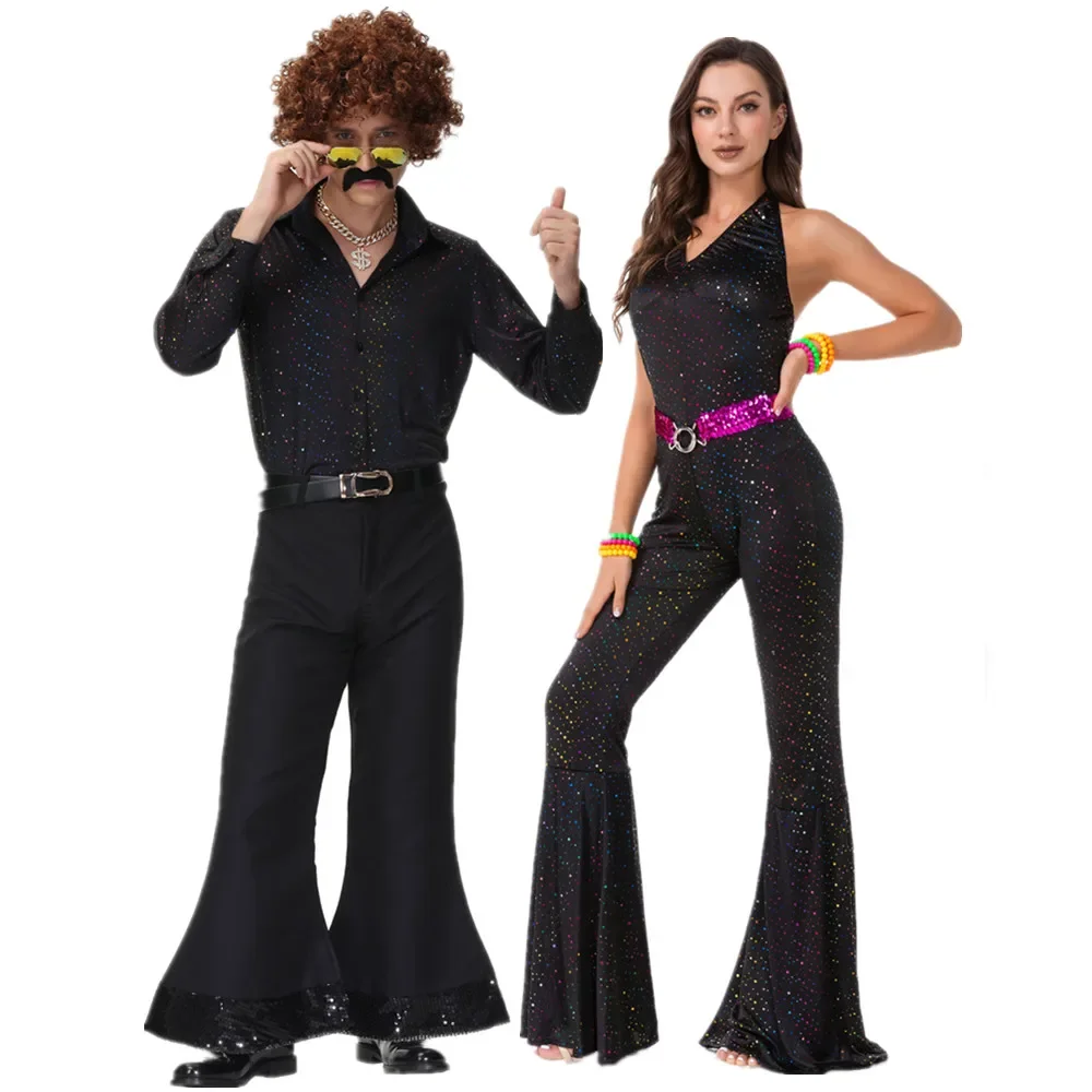 

Couples Hippie Costumes Male Women Carnival Halloween Party Vintage 1970s Disco Clothing Suit Rock Hippies Cosplay Outfits