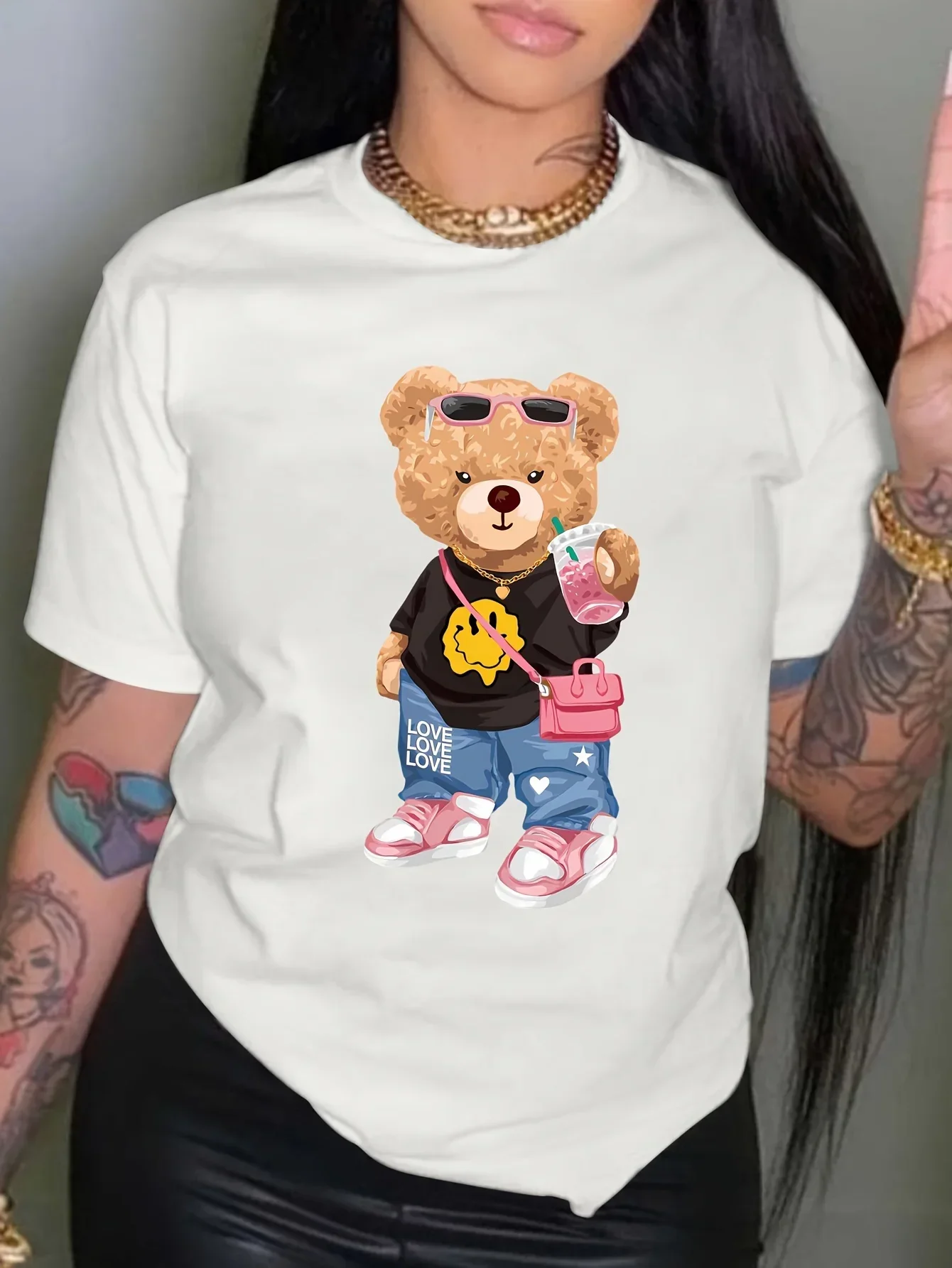 

Women Kawaii Bear Print T-shirt Designer Harajuku Y2k Trendy Tees Female Vintage Cotton Soft Breathable Ladies T Shirts XS-3XL