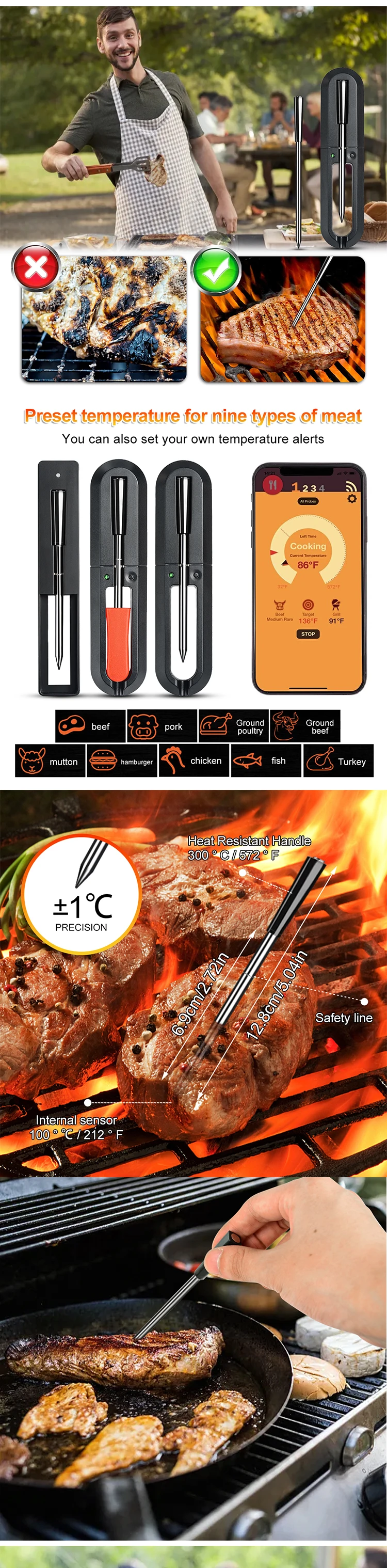 Tuya 100M Wireless Meat Food Thermometer Kitchen Cooking Tool Oven Grill BBQ  Bluetooth Temperature Meter Easy Install - AliExpress