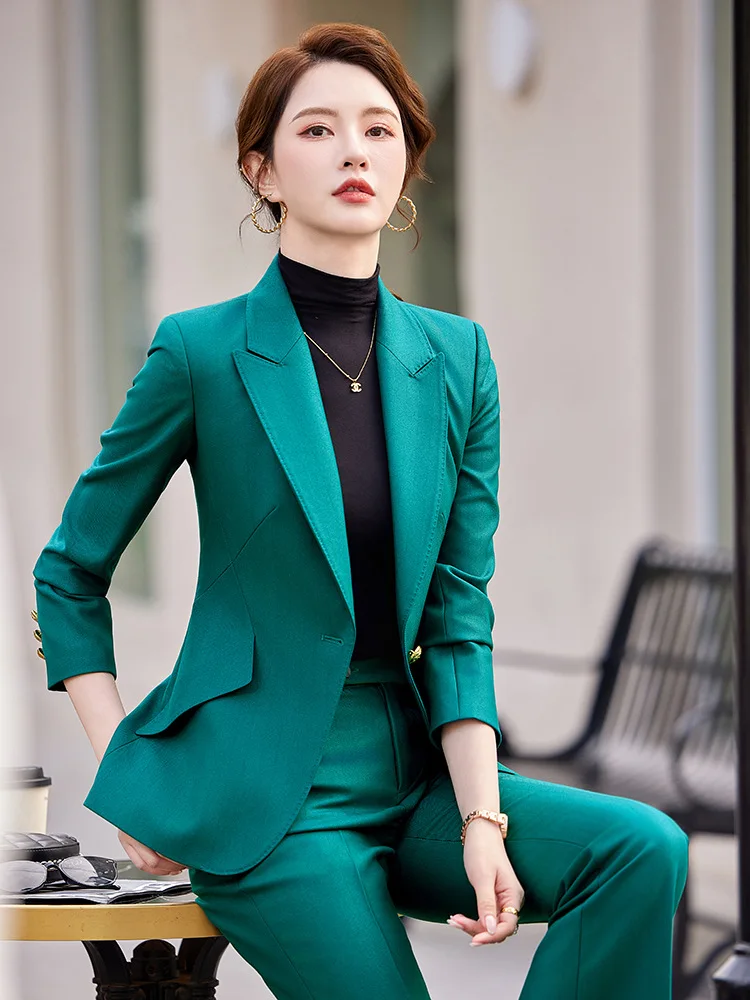 Green Women Suits Office Sets New Fashion Long Sleeve Slim