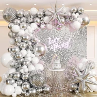 Silver White Sequin Disco Balloon Garland Arch Kit 4D Silver Starburst Foil Balloons for Birthday Party Decorations Supplie