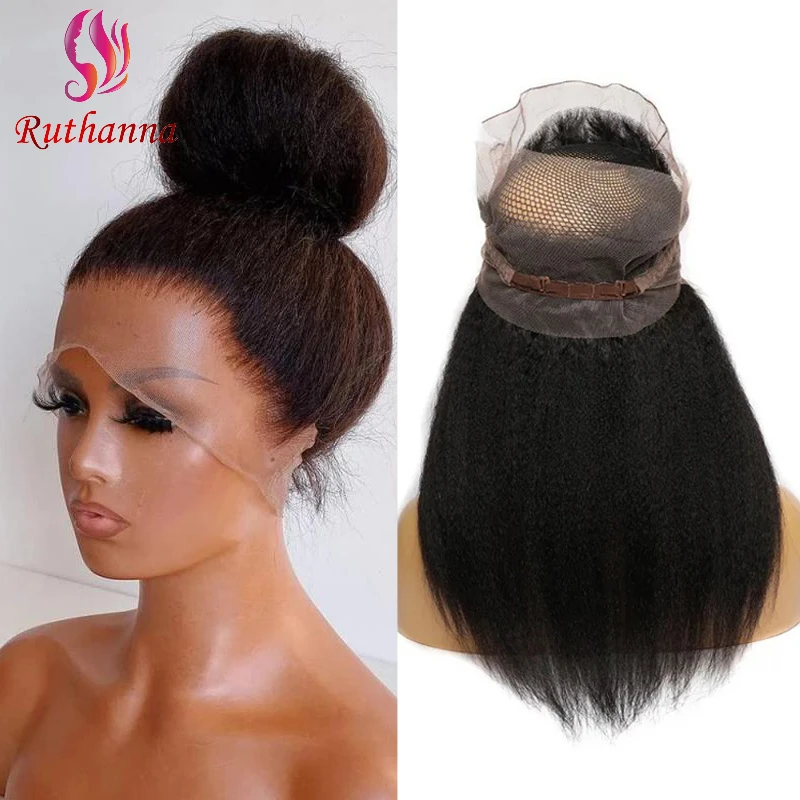 Kinky Straight 360 Lace Frontal Human Hair 360 Lace Closure Soft Brazilian Virgin Hair For Black Women Pre-Plucked Hairline