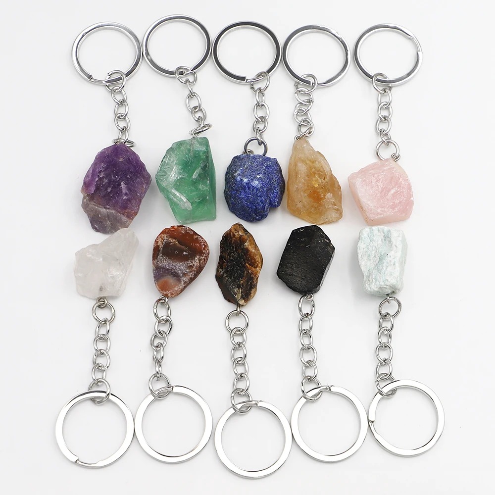 

New Natural Raw Ore Keychain Gem Quartz Fluorite Citrine Amethyst Irregular Stone Pendants Charms DIY Jewelry Making Accessorie