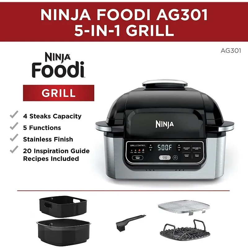 Ninja AG301 Foodi 5-in-1 Indoor Electric Grill with Air Fry, Roast, Bake & Dehydrate - Programmable, Black/Silver 2