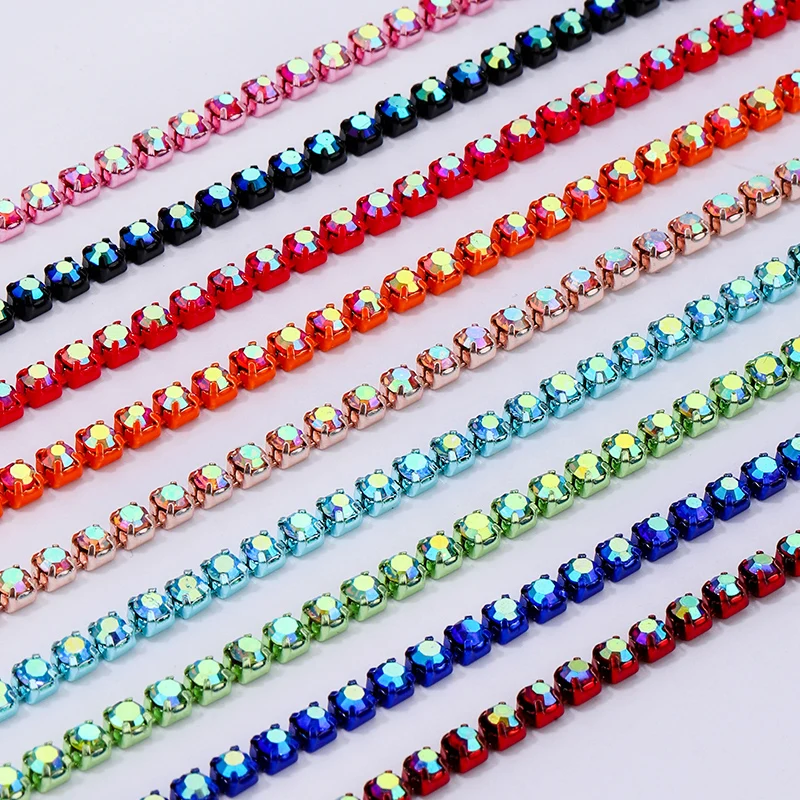 DUCRYSTAL 10 야드/롤 크리스탈 라인 석 체인 SS6/SS12 컬러 플랫 백베이스 트리밍 라인 석 유리 체인 봉제 공예