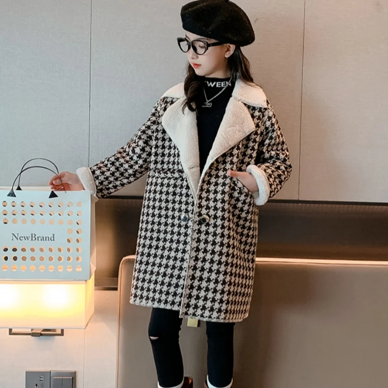 

Girls Woolen Coat Overcoat Jacket Windbreak 2023 Hairy Warm Plus Thicken Winter Cotton Teenagers Outwear Children's Clothing