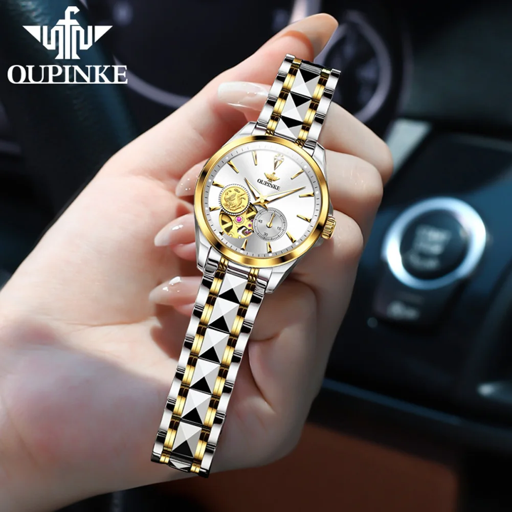 OUPINKE 3260 Real Diamond Watch For Women Japan Mechanical Movement Hollow Woman Watch Deep Waterproof Luxury Ladies Wristwatch