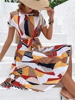 Msfilia Summer Print Pleated A Line Long Dress Women Short Sleeve High Waist Spring Round Neck Chic Dress with Belt - Image 6