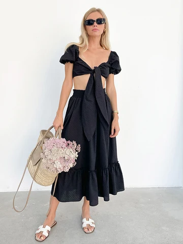 Party Elegant Jacquard Skirts Sets Lace Up Crop Top And Drape Skirts Vacation Outfits Summer Female 2 Pieces Suits