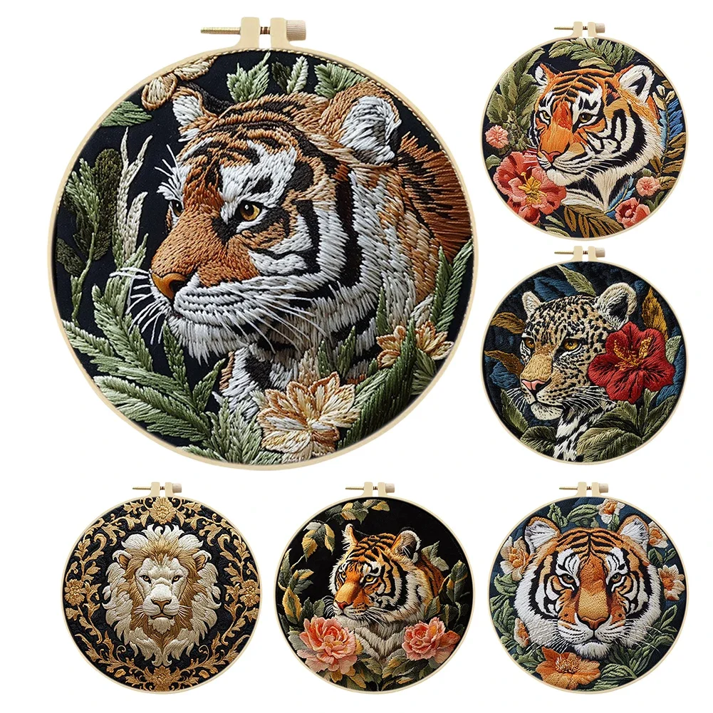 Tiger Stamped Cross Stitch Embroidery Kits with Hoop Cloth Color Thread