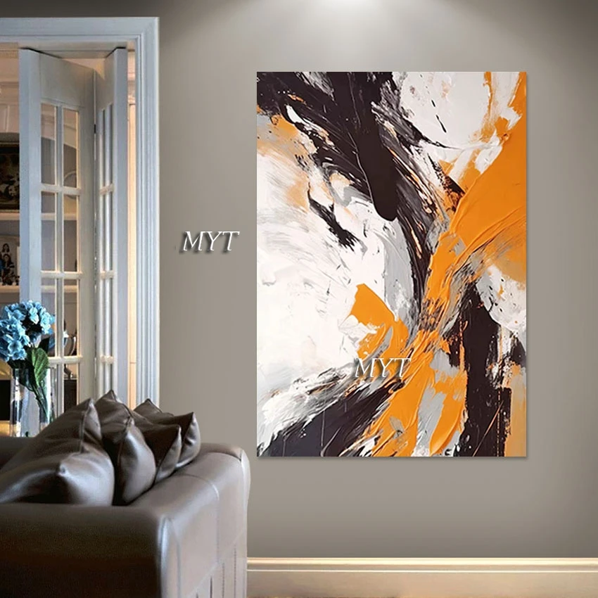 

Современная Абстрактная художественная живопись, оранжевая, черная акриловая текстура, дизайн на стену, Безрамная Картина на холсте, декоративное изображение для ресторана