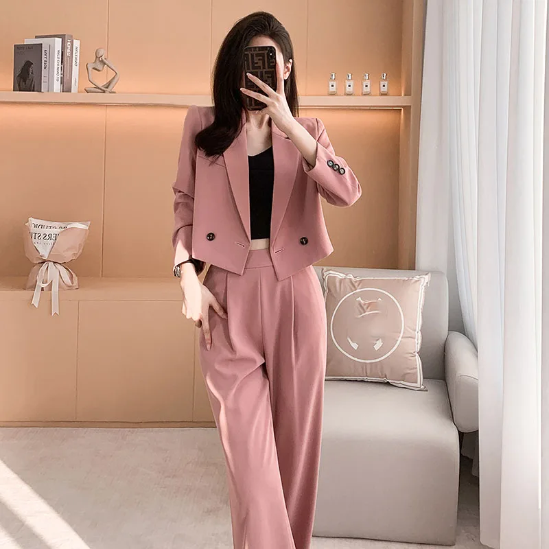 Tesco Casual Women Suit Short Blazer Jacket And High Waist Wide Leg Pants Black Pink Fashion Elegant Trousers Outfits 2 Piece