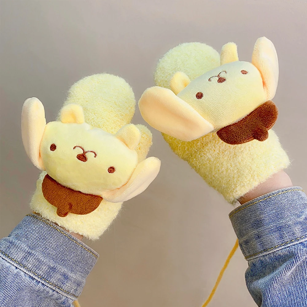 Winter Kids Full Finger Gloves Sanrio Anime Cinnamoroll Kuromi Melody Cartoon Kawaii Soft Warm Girl Gloves Thick Mitten 3-12Y