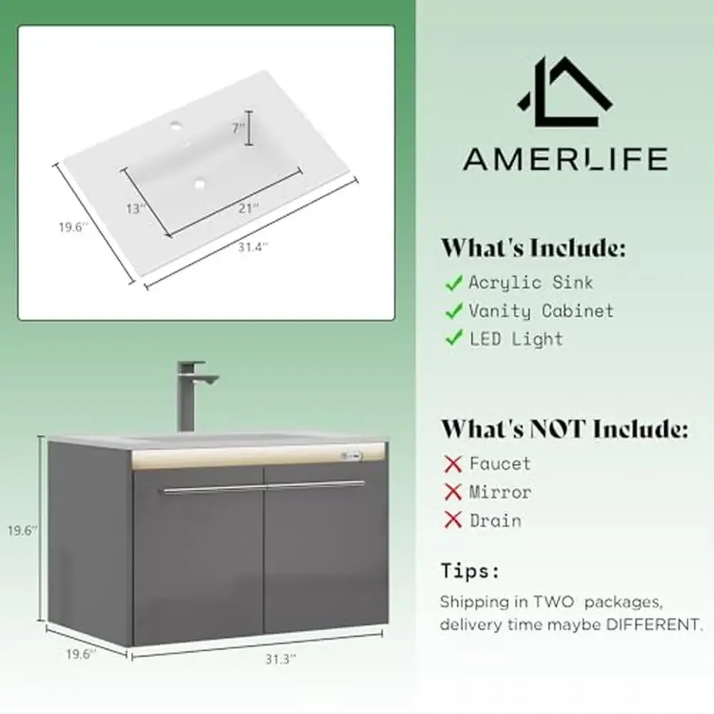 31" LED Floating Bathroom Vanity Cabinet High Gloss Single Sink Wall Mounted Modern Storage Unit Elegant Acrylic Sink Automatic