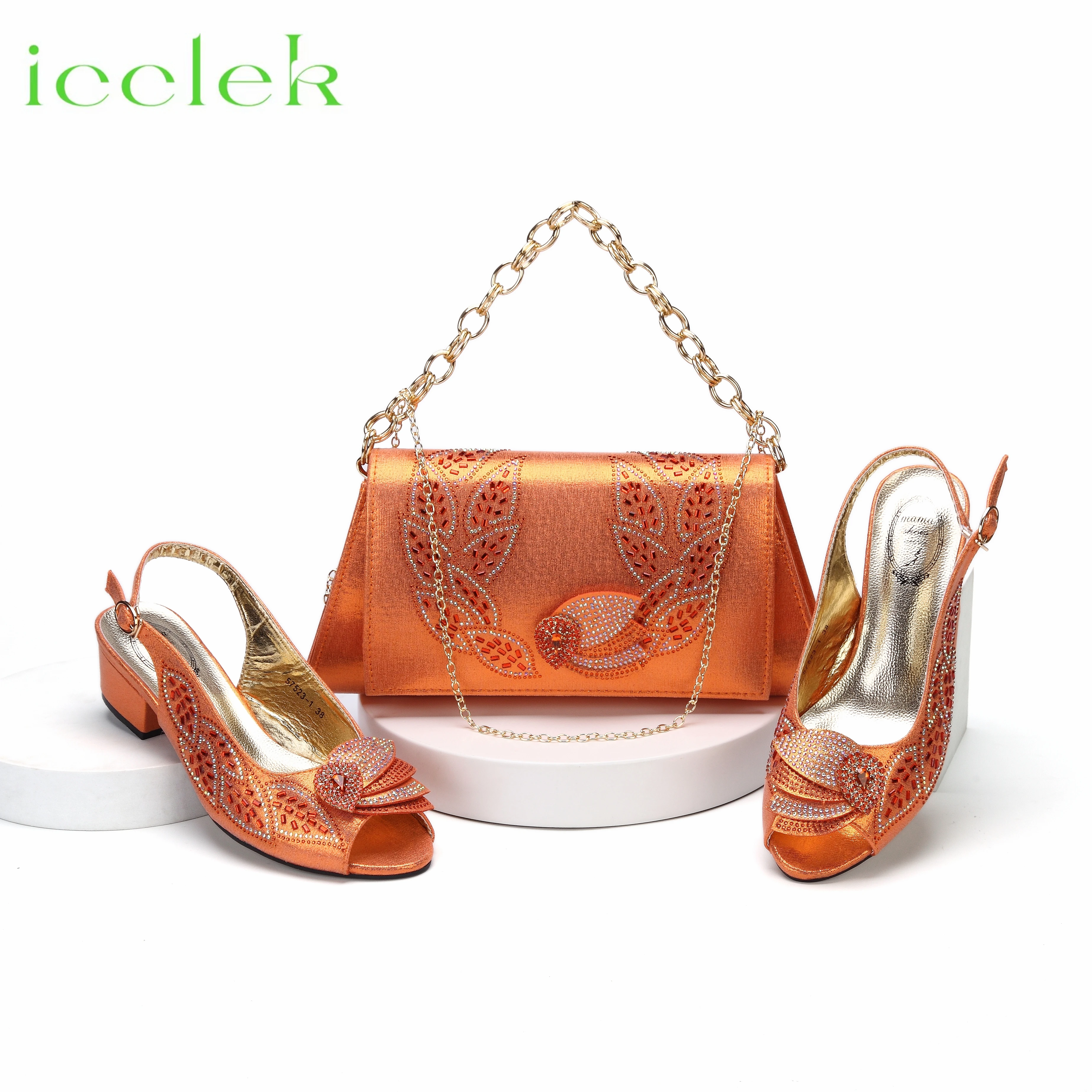 

Hot Selling Orange Color Peep Toe Shoes Matching Bag Set For Nigerian Mature Ladies Wedding Party Pump