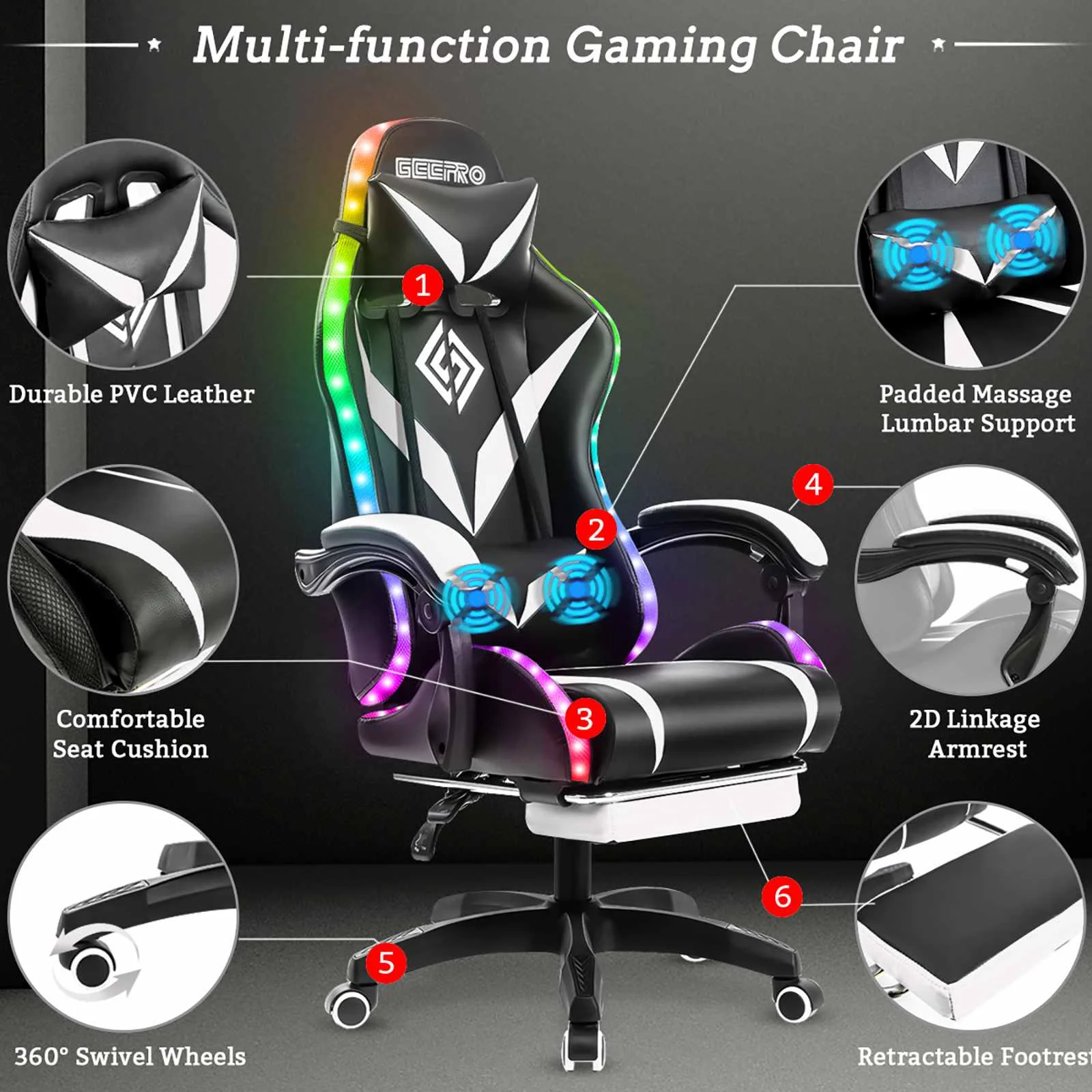 RGB Gaming Chair with Bluetooth & Massage 5