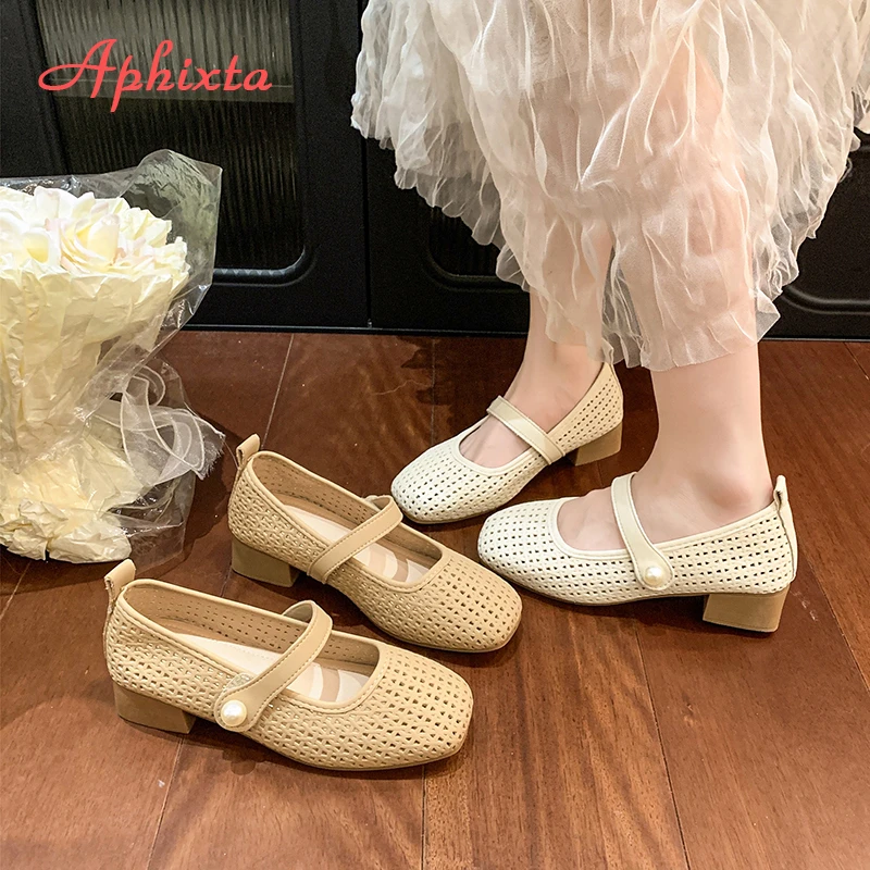 Aphixta 3.5cm Square Heels Women Mary Janes Shoes Hook Loop Pearls Weave Design Dress Shoes Breathable Med Heel Woman Shoes