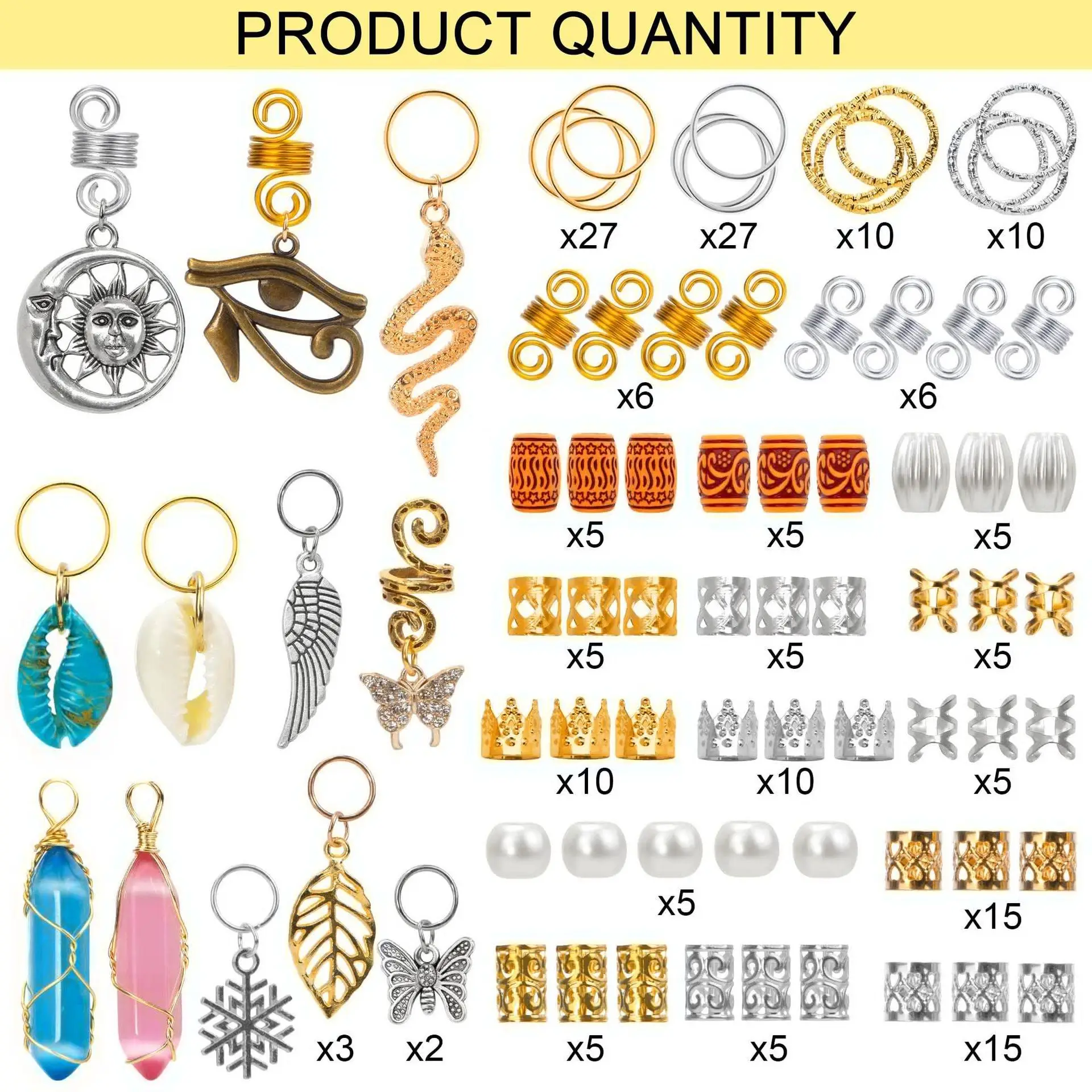 200pcs Mix Metal Sun Moon Butterfly Ring Hair Braid Dreadlocks Bead Clips Decoration Accessories with Storage Box hair braiding tool