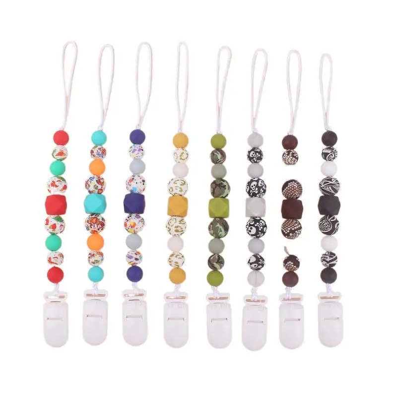 Baby Pacifier Clips Printed Silicone Beads Pacifier Chain Infant Nipple Appease Soother Clips Dummy Holder
