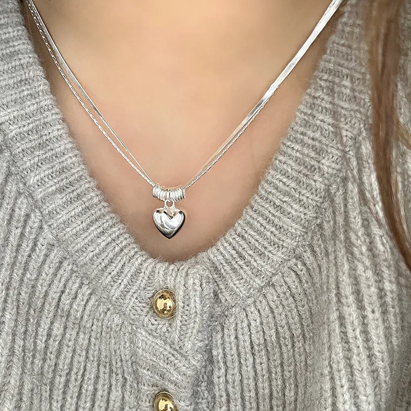 

New Fashion 925 Sterling Silver Double Layers Geometric Punk Heart Pendent Necklace for Women Girl Jewelry Dropship Wholesale