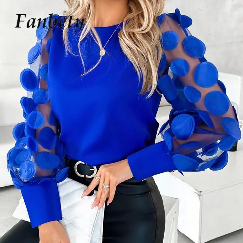 

Fashion Women Chic Mesh Patchwork Blouses Lady Petal Appliques See Through Long Sleeve Party Shirts Office Elegant New Shirt Top