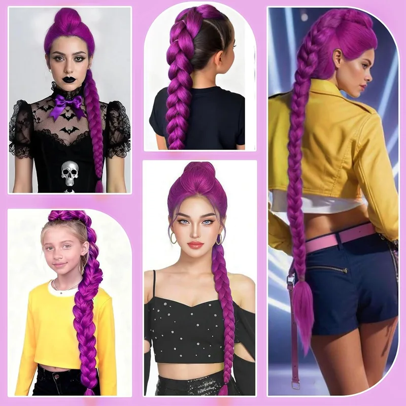 26inches Synthetic dark purple ponytail wig women heat-resistant diy braided long straight hair braids stuck on the ponytail
