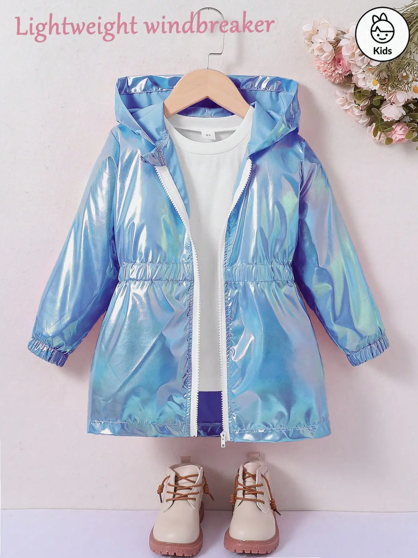 Girls' laser windbreaker jacket, multi-functional sunscreen raincoat with a fitted waist, thin style, mid-length zipper hoodie, - 4