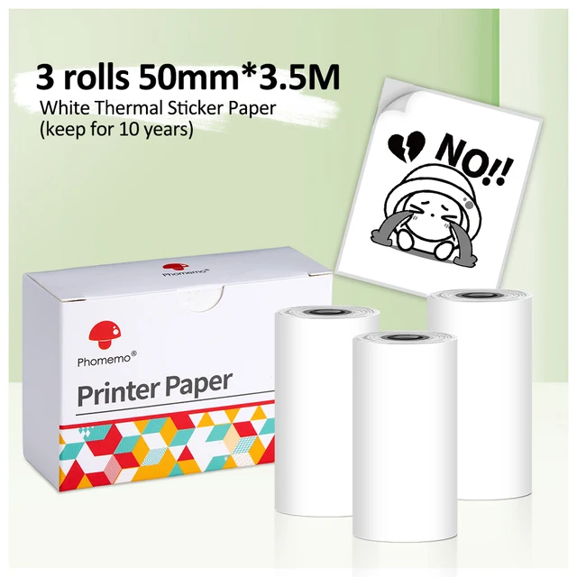 3 Rolls/box Phomemo Black on White Thermal Paper Self-Adhesive Sticker 53mm  x 3.5mFor T02/M02X Mini Portable Thermal Printer