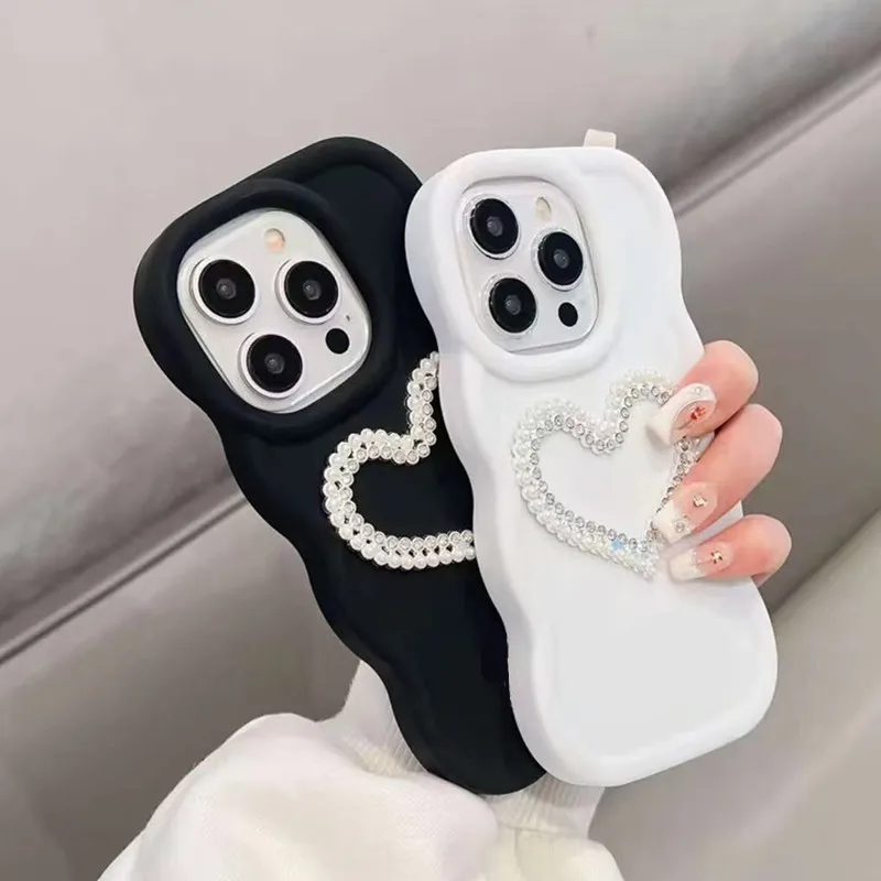 Coque arrière en silicone souple pour Xiaomi Redmi Note 13 Pro, Note 12, Note 11, 11s, Note 10 Pro, 10A, 10C, 12C, motif cœur et diamant perlé_voghion.com