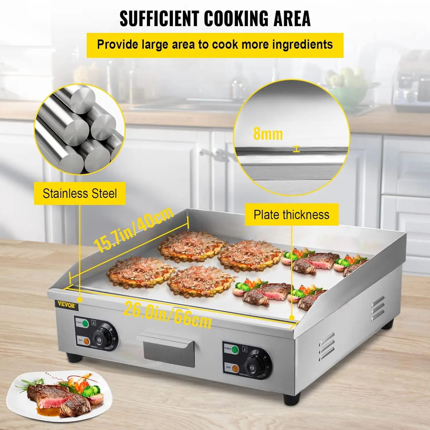 Griddle, 26" Teppanyaki Grill, 3200W Electric Flat Top Grill, Stainless Steel Electric Countertop Griddle w/Drip Hole, 50-300℃ E 5